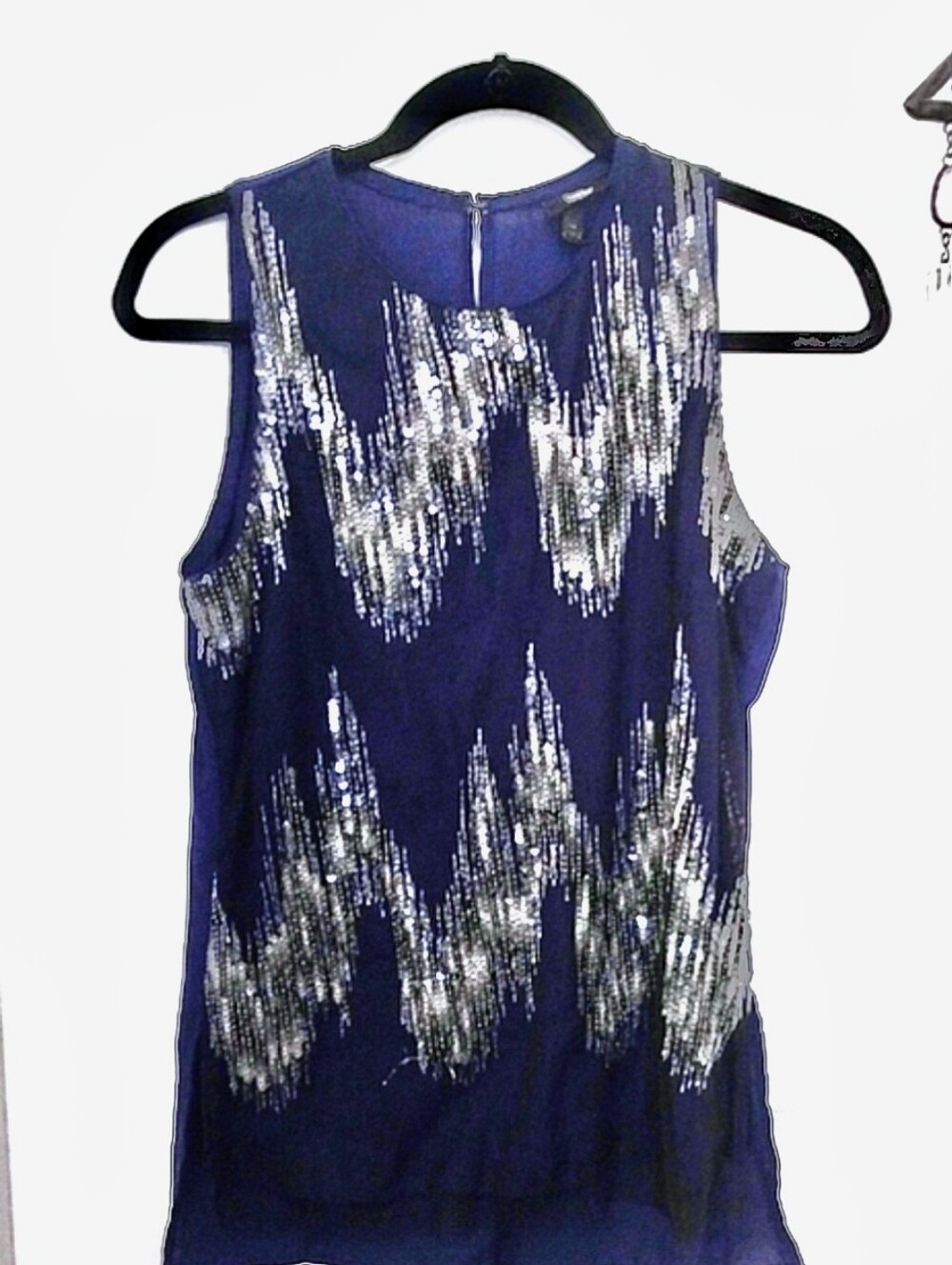 Massimo Women's SP Navy Sleeveless Top with Silver Sequin Fringe